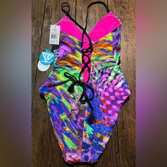 WET Designer Swimwear 1 Piece Neon Multi Sexy Cutout Back Swimsuit SZ Small NWT - Picture 6 of 9